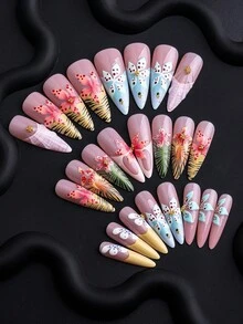 24片長款尖形穿戴式美甲貼片，裸色底色搭配熱帶花卉與動物印花圖案，優雅且鮮豔，全覆蓋設計，適合女性與女孩在四季使用，適用於日常、約會、辦公室、居家、派對美甲用品 - 彩色 - 查看 2