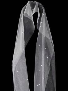 Voile long en tulle avec nœud et perles, accessoire de tête ruban de mariée multifonction, écharpe de cou de mariage pour la mariée, séance photo d'élopement - Blanc - Voir 10