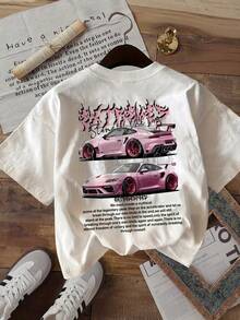 Damen-T-Shirt mit doppelseitigem Steampunk-Auto-Print – Rundhalsausschnitt, Kurzarm, reine Baumwolle, modisches Sommertop - Weiss - Übersicht 3