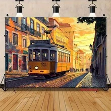 1pc 2D Flat Banner, Pattern Of A Yellow Tram With Sunset Background, Printed With UV Technology. This Banner Is Suitable For Party, Home And Garden Celebration Events - 3 - View 4