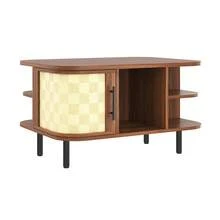 Coffee Table, Side Table, Curved Shape, Woven Surface, MDF Body, Metal Handles, Metal Legs, Storage Space, Living Room Table - Walnut Wood Color - View 5