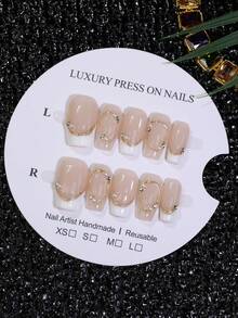 10pcs Nude White French Tip Handmade Press On Nails Luxury Gold Trim & Pearl Rhinestone Decor Coffin Short False Nails Bridal Nail Art For Women Reusable Fake Nail Tips - White - View 1