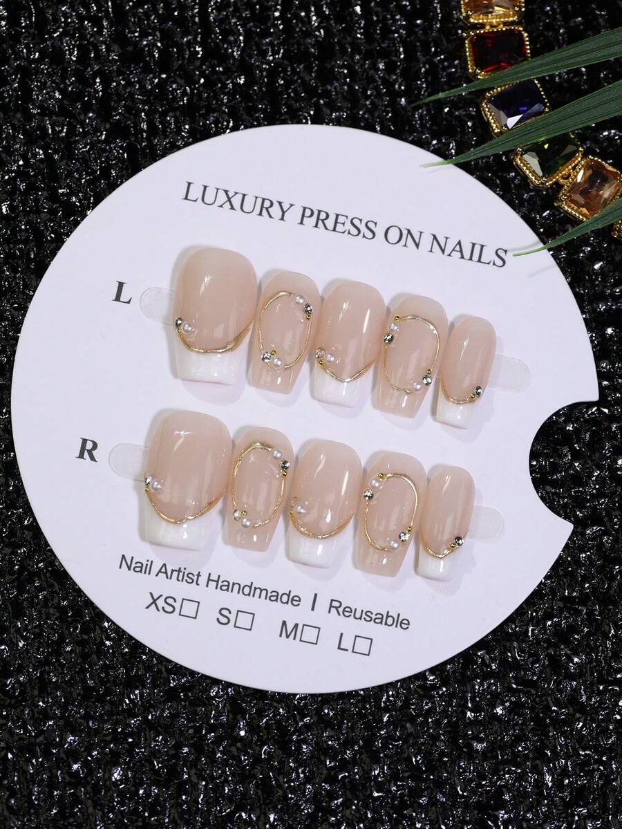 10pcs Nude White French Tip Handmade Press On Nails Luxury Gold Trim & Pearl Rhinestone Decor Coffin Short False Nails Bridal Nail Art For Women Reusable Fake Nail Tips - White - View 1