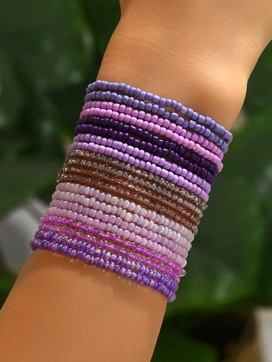 1/5/10/20pcs Random Color & Style Bohemian White Series Exquisite Versatile Elastic Bracelet & Ankle Chain Set, Fashionable Minimalist Beach Vacation Jewelry Gift For Men & Women Daily Wear - Multicolor - View 1