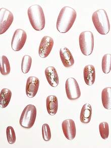 Transformez vos ongles, 24 pièces/Set Ongles faux couvrants de longueur moyenne-longue, forme ovale, élégants et doux, 3D Lune & Étoile, paillettes, rose rêveur effet œil de chat, avec 1 pièce colle gelée et 1 pièce lime à ongles, ajoutez une touche de romantisme et paraissez douce! Convient pour le port quotidien des filles et des femmes, les fêtes, les festivals de musique, le thé de l'après-midi, l'art des ongles - Multicolore - Voir 3