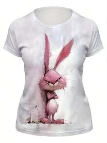 Fun Design With Cartoon Rabbit Print, Casual And Elegant Style, Fashionable Women's Top, Comfortable Round Neck T-Shirt For Women, A Great Gift Choice. - Apricot - View 2