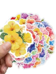 50Pcs Watercolor Tropical Hibiscus Flower Stickers, Vibrant Multicolor Hawaiian Floral Decals For Water Bottle, Laptop, Luggage & Junk Journal DIY Decor - Multicolor - View 3