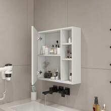 [Single Wall-Mounted Mirror Cabinet] 55 * 56 Cm, Wall-Mounted, White HDF Panel + Safety Mirror Glass Door, Divided Storage Space + Thick HD Mirror, Ideal For Bathroom / Dressing Room. - White - View 5
