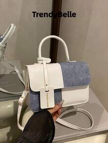 Sac à main patchwork à carreaux à la mode, sac à bandoulière, sac bandoulière pour femmes, convient pour le quotidien, le travail, les sorties décontractées, les trajets (pendentif amovible) - Bleu azur - Voir 2