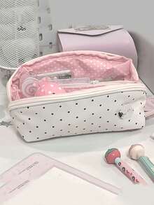 1pc Large Capacity Cute Polka Dot Shell Shaped Pencil Case, Suitable For Students, Cream White, Applicable For Classroom, Travel, Multi-Compartment - Multicolor - View 4