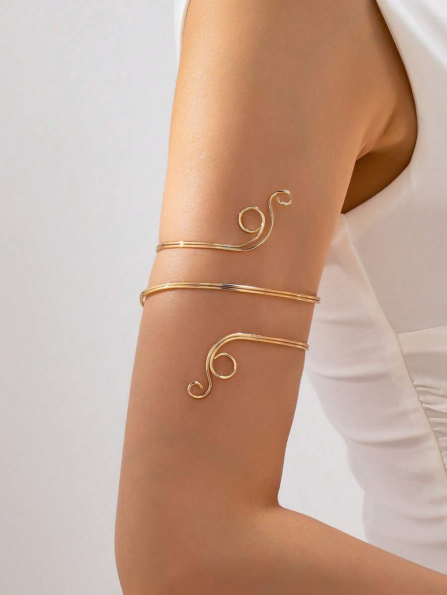 1pc Personalized Minimalist Metal Geometric Line Arm Cuff, Suitable For Daily And Vacation Wear - Golden - View 1
