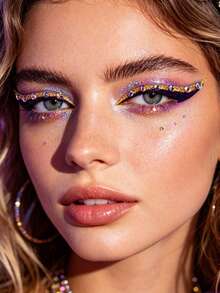 1pc Yellow And Black Rhinestone Eyeliner Face Decoration Sticker, Diamond Eyeliner Sticker, Reusable Eyeliner Sticker, Easy To Use, Suitable For Women's Makeup And Eye Decoration - 彩色 - 查看 3