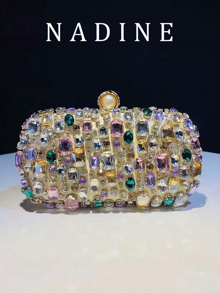 Handmade Full Rhinestone Embellished Evening Clutch Bag For Women, High-End Box Clutch - Multicolor - View 1