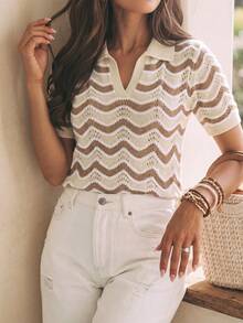 Women's Summer New Wave Pattern Hollow POLO Collar Knit Short Sleeve Top, Breathable Contrast Color V-Neck Loose Slimming Casual T-Shirt Vacation - Multicolor - View 5