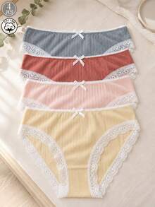 4 Packs Women's Ribbed Cotton Brief Panties, Lace Trim Bow Underwear, Soft Breathable Low-Rise Daily Intimates, Stretchy & Skin-Friendly Multicolor Pack - Multicolor - View 7