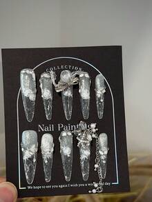 10pcs/Set Handmade Press-On Nail Tips, Millennial Style Stiletto False Nails, Silver Cat-Eye Gel Nail Stickers With Flower, Rhinestone And Bow Elements. Perfect For Parties And Daily Wear. Suitable For Women And Girls. Handcrafted Nail Decorations. - 彩色 - 查看 5