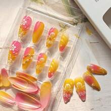 24Pcs Flower Press On Nails Medium Almond Fake Nails With 3D Pearl Charms Design Glossy Orange Full Cover Stick On Nails Handmade False Nails Spring Summer DIY Manicure For Women Acrylic Nails - 豐富多彩 - 查看 7