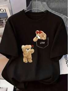 Women's Casual Love Heart Bear Couple Valentine's Day T-Shirt – Creative Graphic Print Stripes Letters, Round Neck Short Sleeve, Regular Fit, Comfortable And Lightweight Summer Fashion - 黑色 - 查看 1