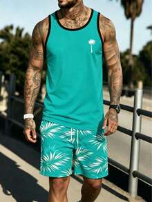 Men's Summer Beach Vacation Tropical Coconut Tree Print Contrast Trim Sleeveless Tank Top And Drawstring Waist Shorts Set - Mint Green - View 1