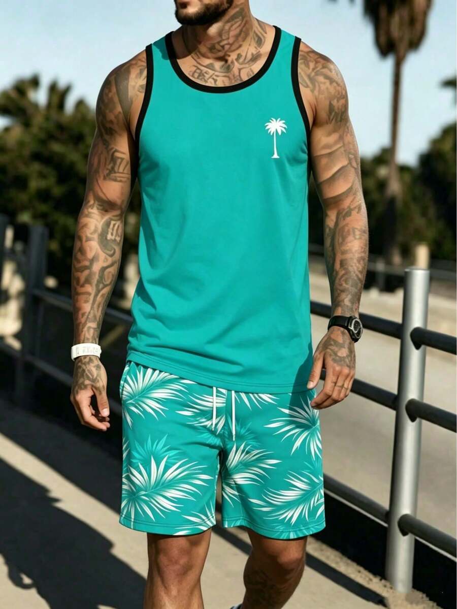Men's Summer Beach Vacation Tropical Coconut Tree Print Contrast Trim Sleeveless Tank Top And Drawstring Waist Shorts Set - Mint Green - View 1