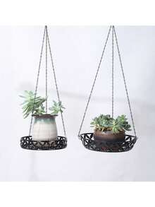 金屬吊掛植物架，適用於室內與室外使用，現代風格附鏈條花盆，適合裝飾陽台、門廊或花園，黑色 - A - 查看 6