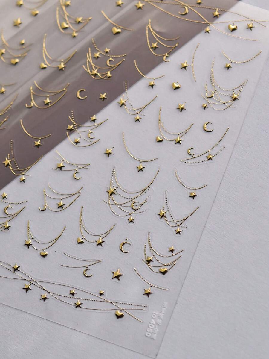 1sheet Gold Foil Nail Stickers French-Style Luxury Metallic Color Three-Dimensional Nail Stickers For Decorating A Star-Shaped Necklace And Small Accessories Self Adhesive Nails Decals - Gold - View 1