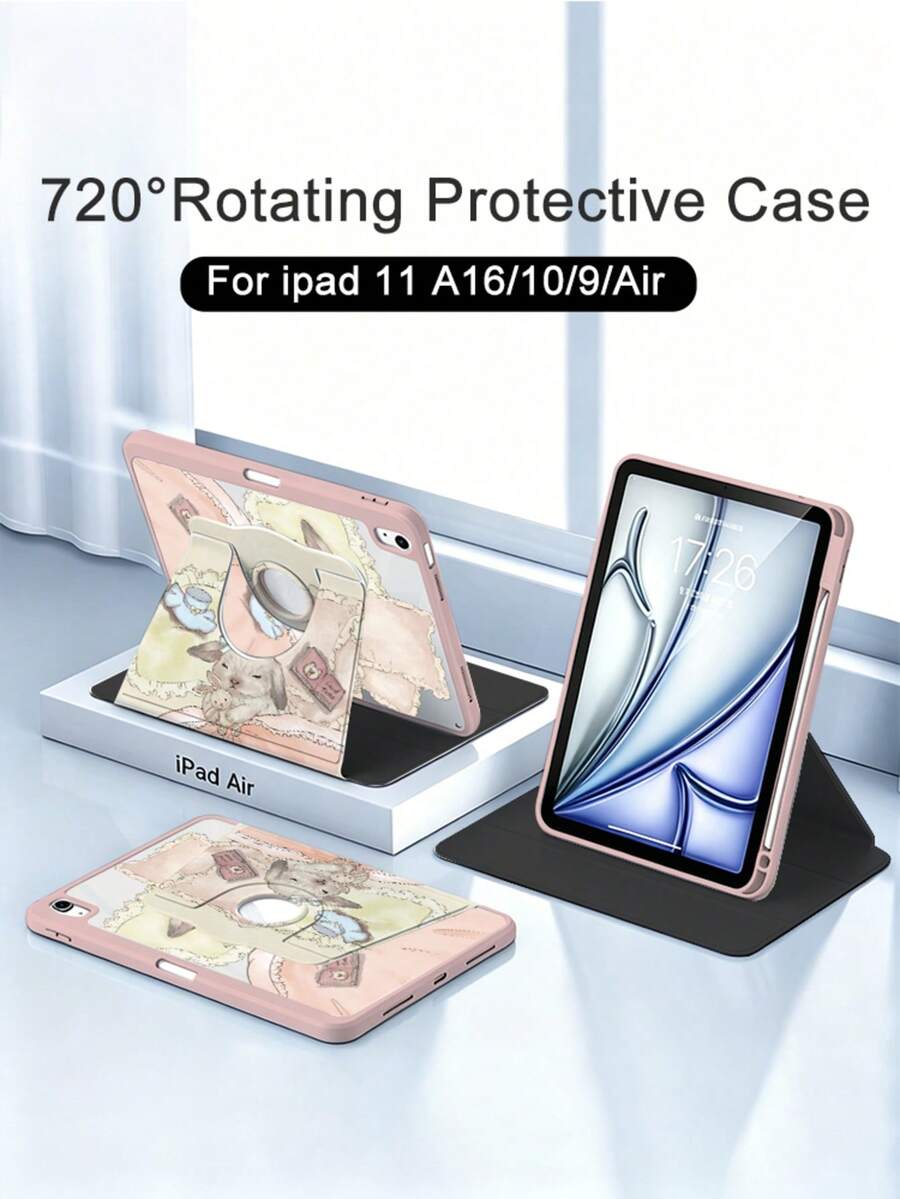 1件裝：可愛垂耳兔印花壓克力旋轉支架保護殼，相容於 iPad 11 A16/10/9/8、Air 11 2026 (M4)、Pro 11 2025。全方位防震護角保護，支援自動喚醒/睡眠，中性設計，適合辦公室/學習/送禮，多角度支撐，非磁性保護殼。