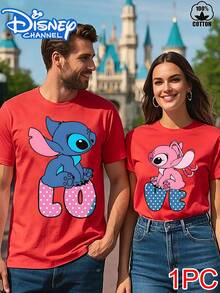 Cute "Lilo & Stitch" Couple's Short-Sleeve T-Shirt: Red "LOVE" Letter Print Versatile Casual T-Shirt,Family Matching Outfit,Disney Couple Outfits - 紅色1 - 查看 1