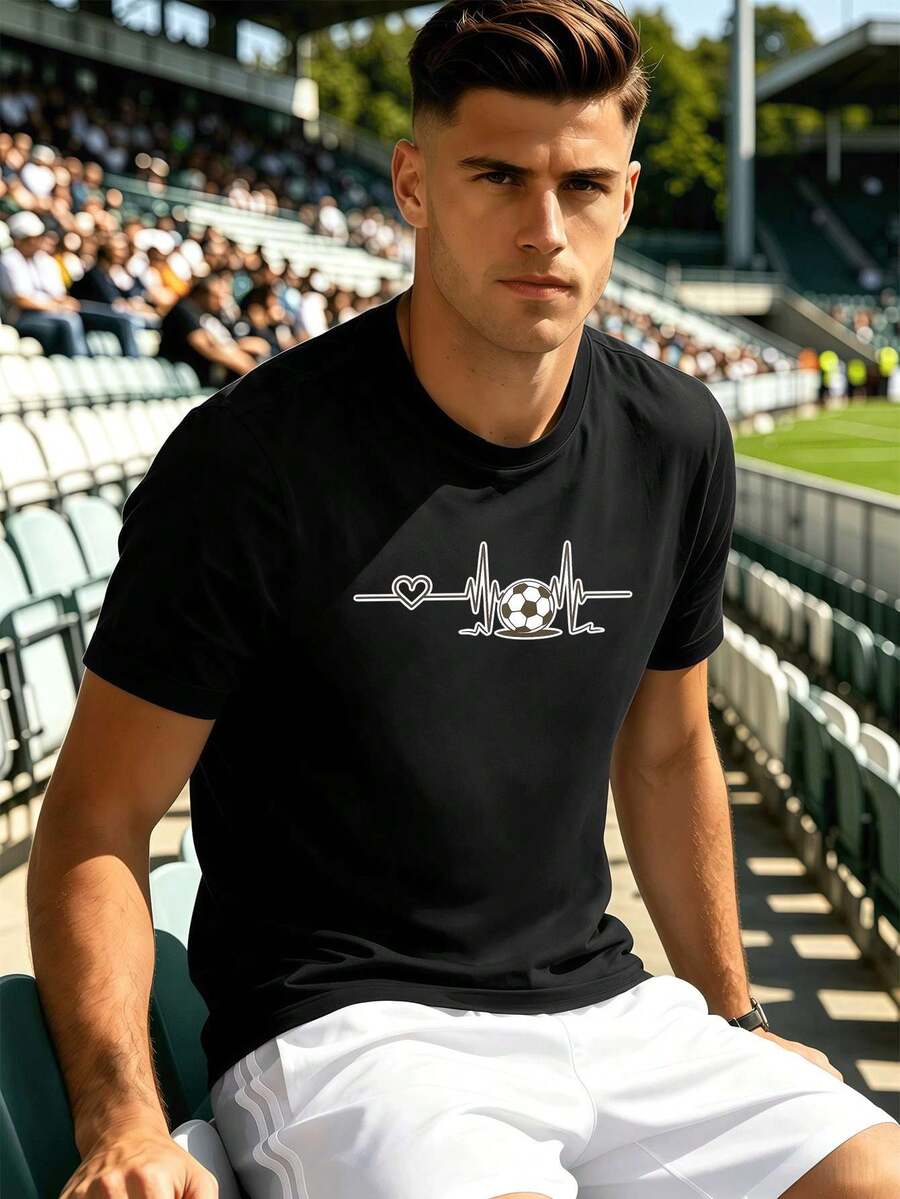 Men's "Football Heartbeat" Graphic T-Shirt, Premium Cotton, Comfortable & Relaxed Fit, Casual, Graphic Design. - Black - View 1
