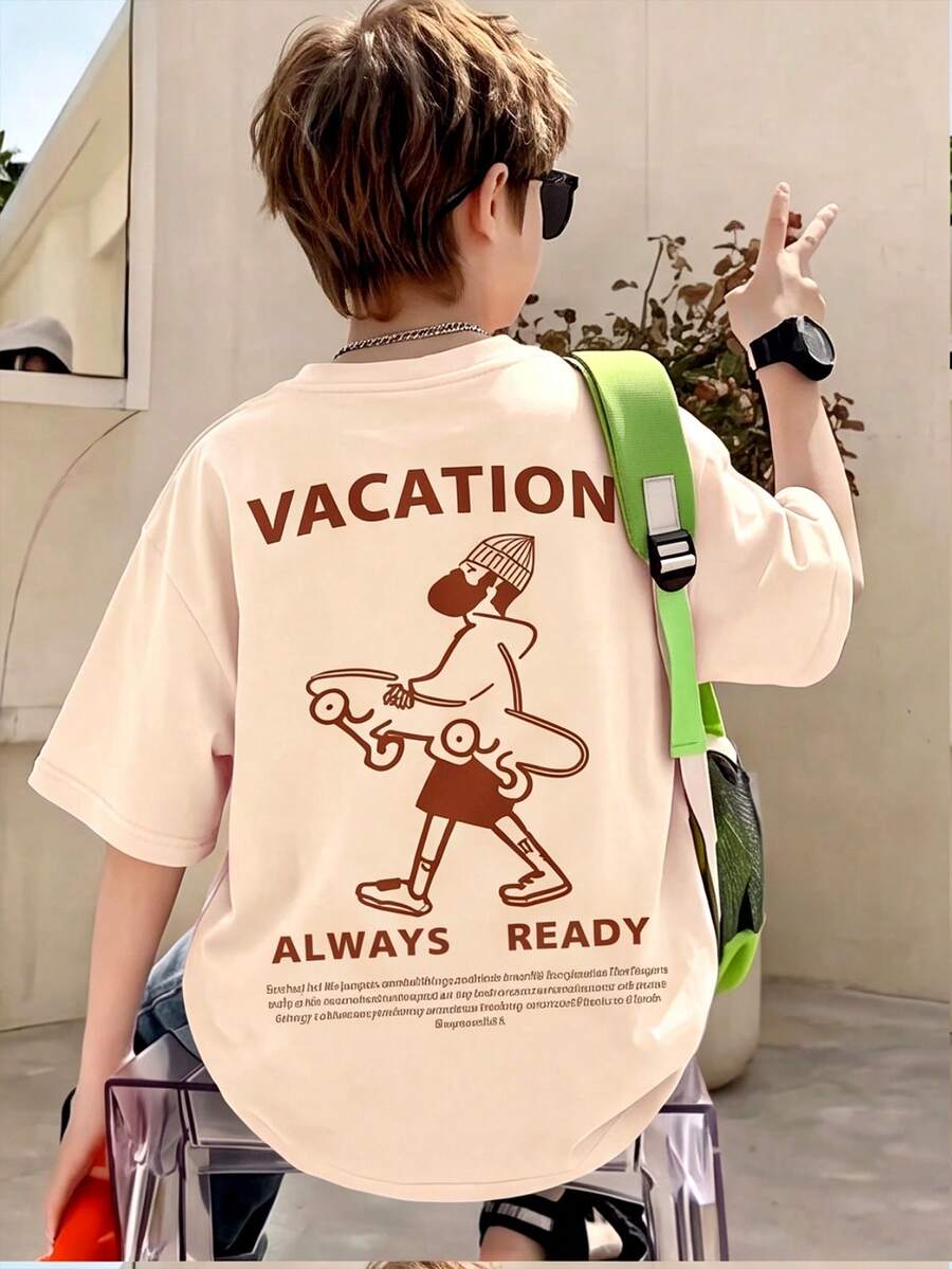 1件青少年男孩夏季新款粉色寬鬆短袖T恤,酷感VACATION滑板者與字母印花上衣,透氣休閒版型,適合日常、學校、運動、出遊與度假 - 杏色 - 查看 1