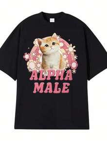Women's Cotton T-Shirt, Orange Cat Print With Flowers And Text, Fun Casual Style, Black Color - Hitam - View 1