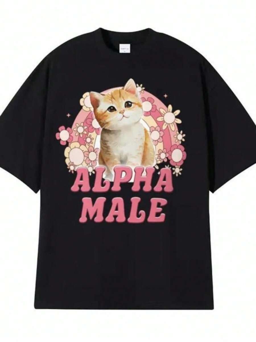 Women's Cotton T-Shirt, Orange Cat Print With Flowers And Text, Fun Casual Style, Black Color - Hitam - View 1