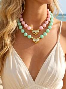 1pc Bohemian Flirty Style Y2K Creative Fashion Elegant Exquisite Gorgeous Simple Luxury Sweet Dopamine Color Beaded Heart Pendant Necklace For Women, Sisters, Couples, Graduation/Prom Jewelry Gift, Suitable For Daily Wear, Dating, Party, Holiday, Summer Beach Vacation, Colorful Jewelry - necklace - View 2