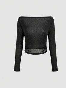 Áo croptop nữ phong cách những năm 2000, xuyên thấu, tay dài, cổ tròn, ôm sát, gợi cảm, mỏng nhẹ cho mùa hè thường ngày - màu đen - Xem 5