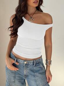 Solid Color Blouse With An Oblique Shoulder And Short Sleeves, Casual Style For Summer - Lake Blue - View 1