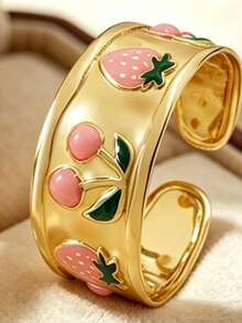 2PCS Minimalist Fashion Retro Elegant Gentle Fruit Style Drip Oil Asymmetrical Cherry Strawberry Bracelet Round Petal Ring Combination Design Stainless Steel Women's Bracelet Suitable For Women's Daily Wear/Party/Evening Banquet/Afternoon Tea/Holiday Gift For Friends - Yellow Gold - View 10