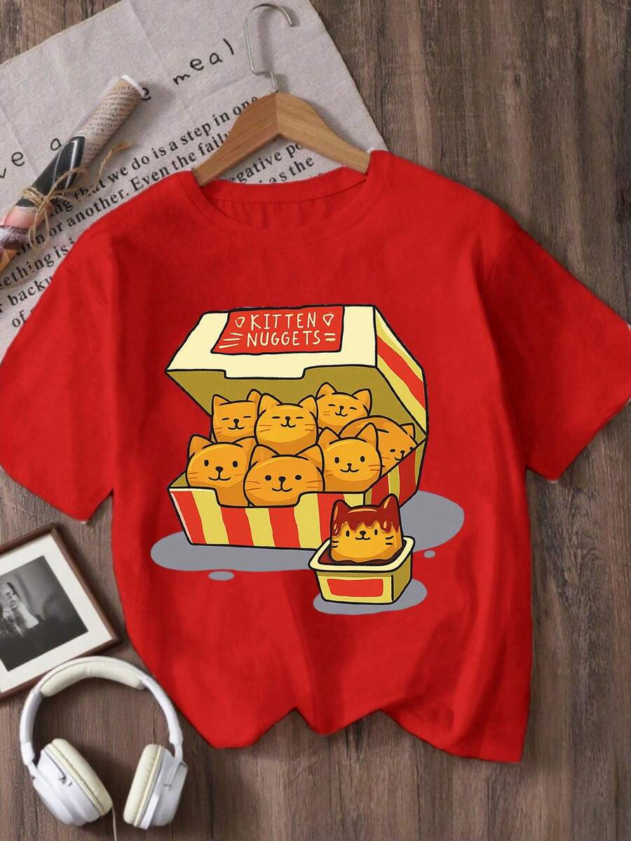 Printed Crew Neck T-Shirt For Girls - Red - View 1