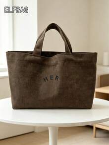Tas Tote Kanvas Minimalis Kasual dengan Motif Huruf, Tas Tangan Warna Polos, Gaya Serbaguna dengan Kualitas dan Harga Terjangkau, Cocok untuk Ibu dengan Anak, Pelajar, dan Profesional Kantoran - Dark Grey - View 4