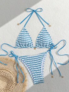 Premium European Halter Bikini With Striped Wavy Split Design, Stylish Color-Block Swimwear Summer - Sky Blue - View 3