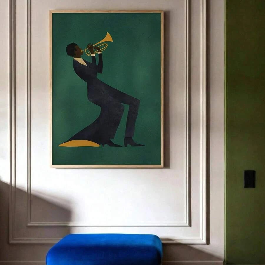 1 pezzo cartellone su tela con cornice/senza cornice verde scuro Jazz Moda Africana Stampa artistica minimalista Musica Africana per decorazione ingresso corridoio, adatto per appartamento, soggiorno, camera da letto decorazione casa moderna - B - Visualizzare 1