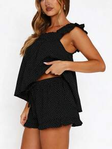 Women Summer Pajama Set Solid Flying Sleeve Tank Tops And Ruffle Shorts 2 Piece Casual Lounge Outfit - Black and White - View 3