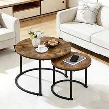 2pcs Coffee Table Set, Round Nesting Coffee Table Set - Industrial Wood Grain Side Tables For Living Room Bedroom Balcony - Wood Color - View 4