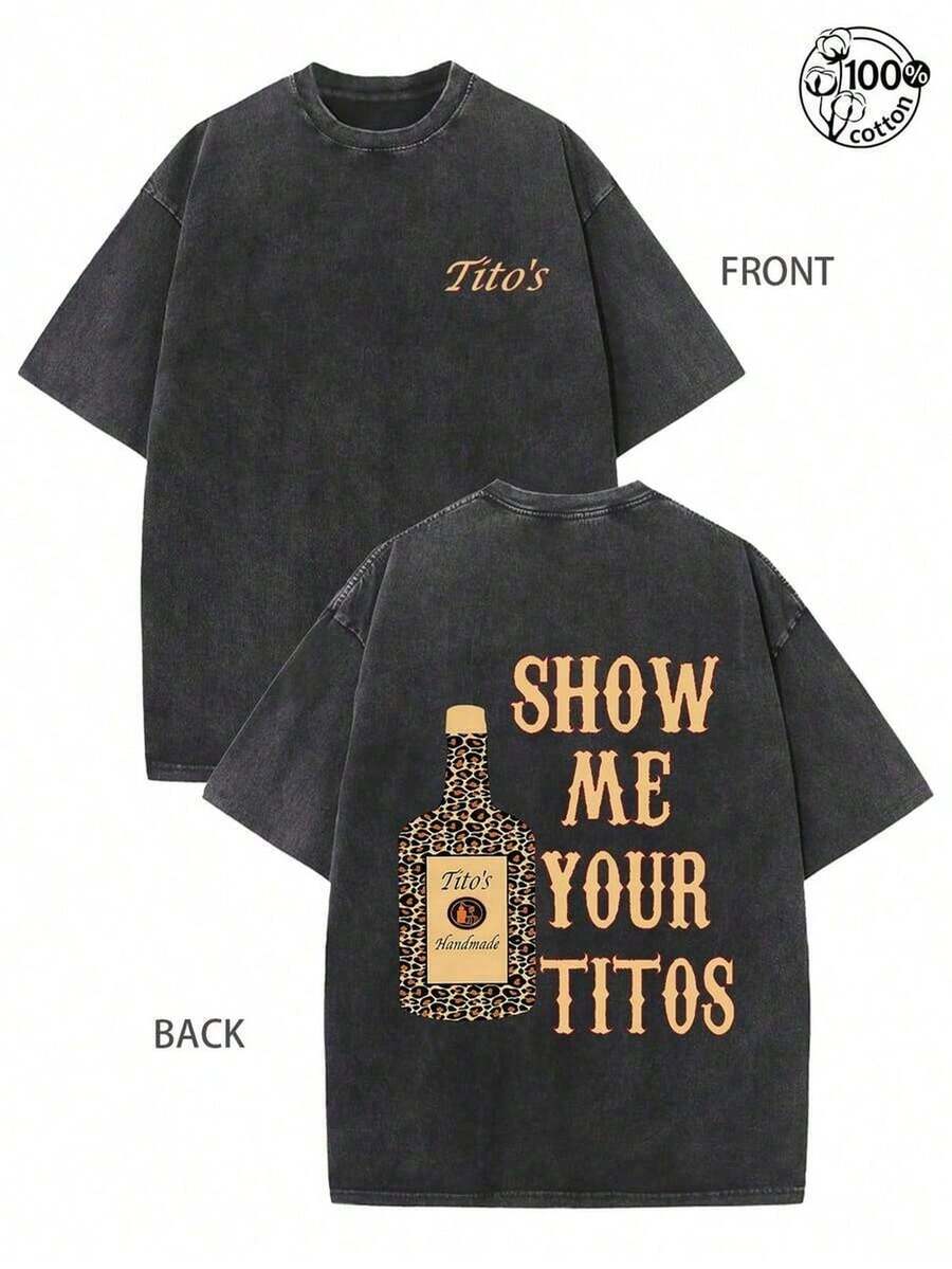 Vodka Show Me Your Titos Leopard Print Graphic Washed Cotton T-Shirt, Oversized Casual Stre_453111740 - Size - View 1