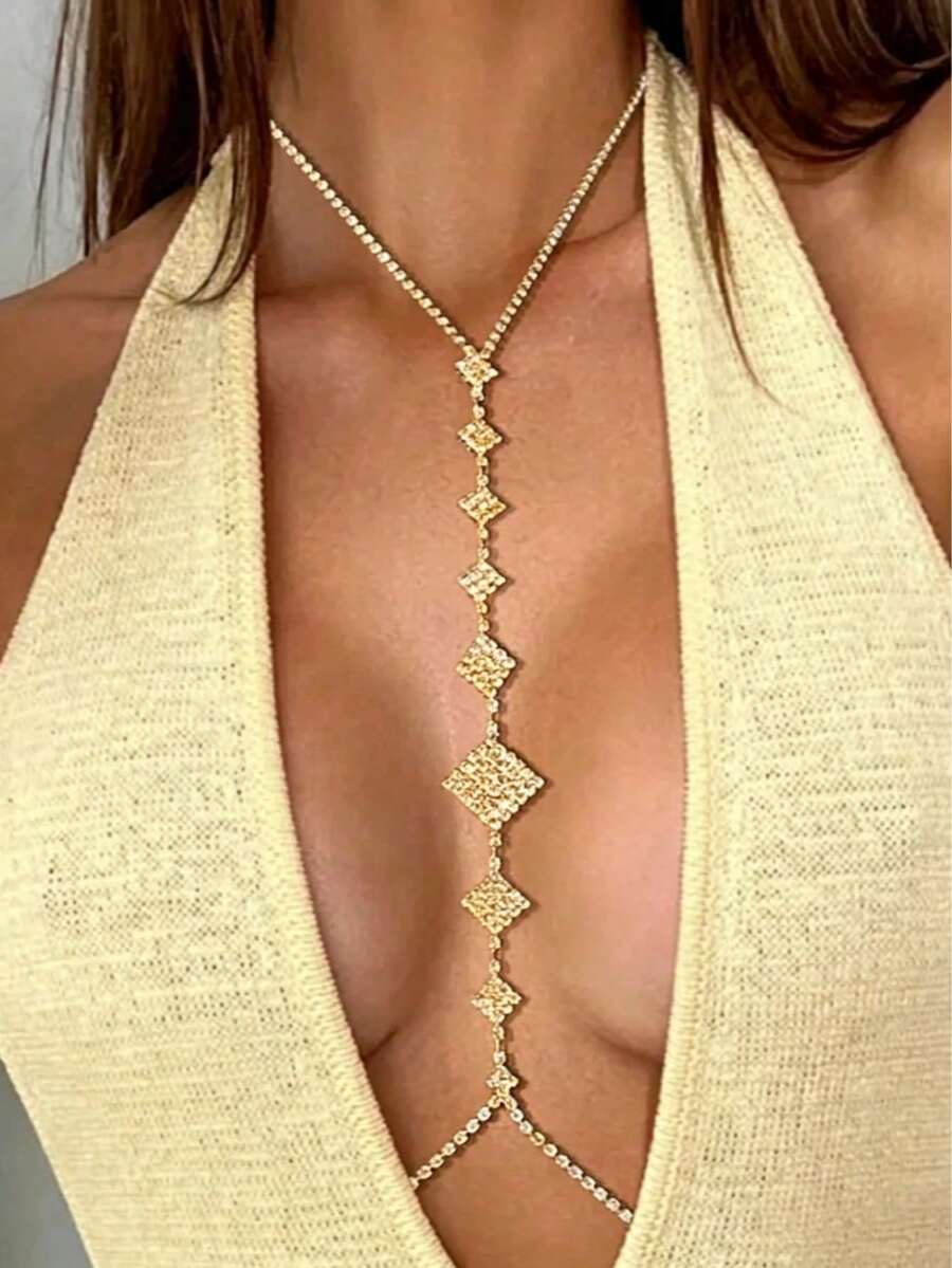 Women's Classic Bra Chain, Rhinestone Body Jewelry, Sexy Party Accessory - Gold - View 1