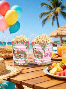 10pcs/20pcs/30pcs Cajas de palomitas de maíz de papel Aloha hawaiano rosa, contenedores de aperitivos con diseño tropical de flamenco, tucán, flores y rayas, parte superior 3.14in parte inferior 2.36in altura 4.3in Cajas de recuerdos para fiesta Luau, verano, playa, piscina, fiesta de cumpleaños tropical, suministros para barbacoa - Multicolor - Ver 7