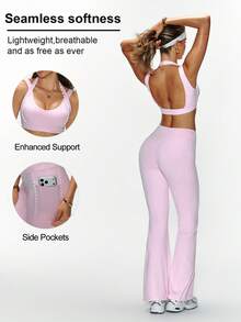 FWH Sexy Hot Girl Style Yoga OOTD, Backless Sports Bra + High Waist Flare Pants Women's Fashion Yoga 2 Pieces Set Pink - Pink - View 2