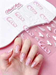 2 Stück 5D geprägte 3D Nagelkunst Aufkleber, DIY Nageldekoration, Rosa & Weiß Französische U-Form mit weißem Blütenblattmuster, geeignet zum Erstellen von sanftem Ballettstil und süßer französischer Linien Nagelkunst - Verschiedenfarbig - Übersicht 7