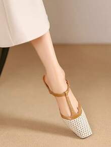 Zapatos con hebilla de cuero PU de unicolor básico vintage, adecuados para playa, boda, fiesta, oficina, exterior, hogar, primavera y verano - Beis - Ver 7