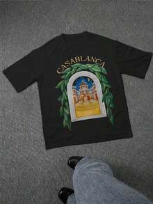 Camiseta de manga corta con estampado de arco mediterráneo vintage para hombre, con hojas de laurel verde y escena nocturna de luna. Estilo casual de lujo con cuello redondo - Negro - Ver 6
