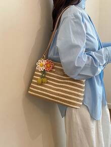 Nuevo bolso de hombro de paja con rayas de contraste coloridas estilo vacaciones de verano para mujer, con lindo dije de margarita, bolso de playa casual, bolso de axila tejido con rayas col - Multicolor - Ver 8
